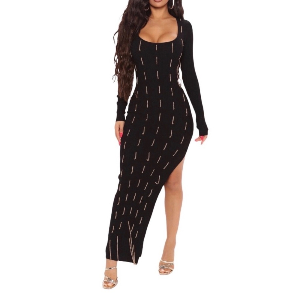 Fashion Nova Chains on me Black Ribbed Knit Maxi Dress Gold Chain Detail 1X